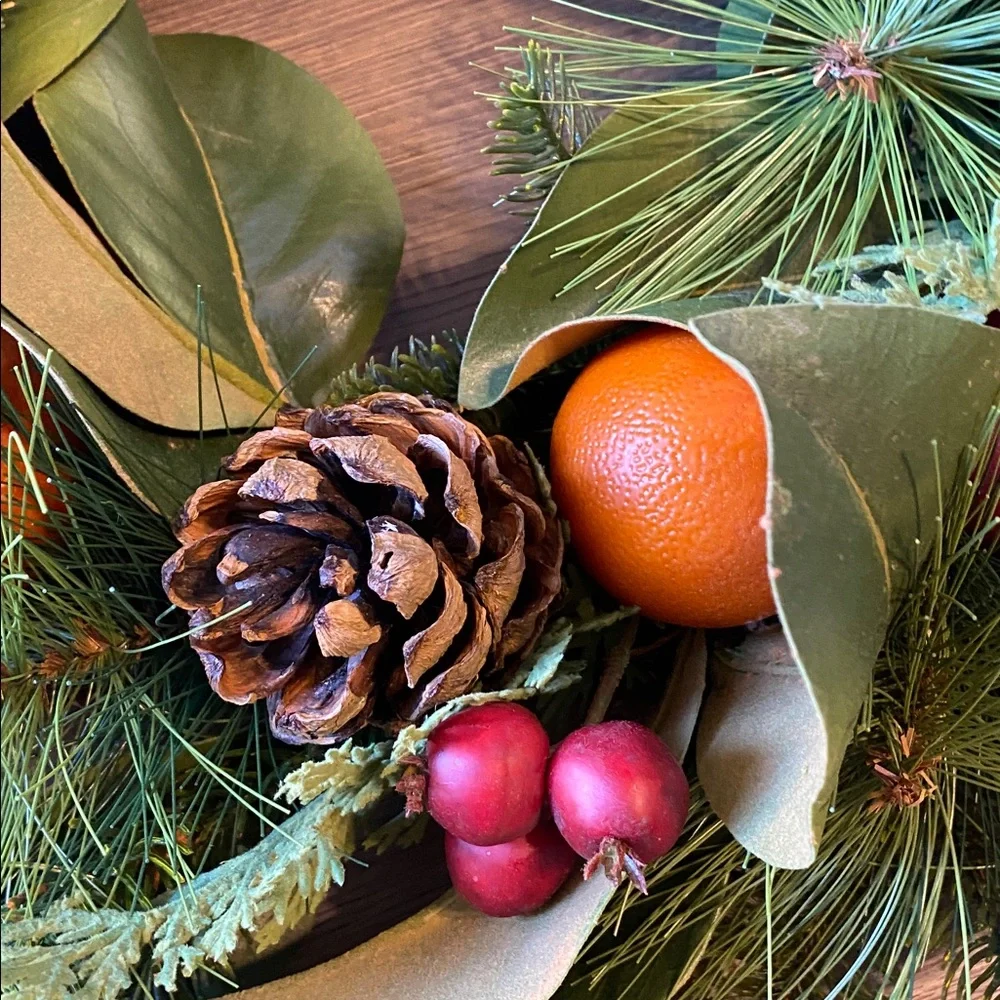 Winward Home Faux Magnolia Leaf Pinecone Fruit Foliage Holiday Wreath 24”