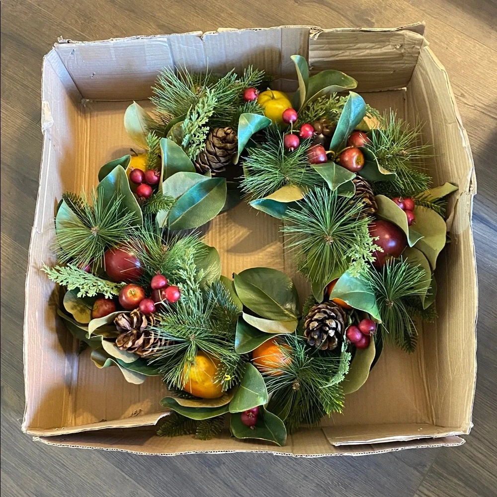 Winward Home Faux Magnolia Leaf Pinecone Fruit Foliage Holiday Wreath 24”