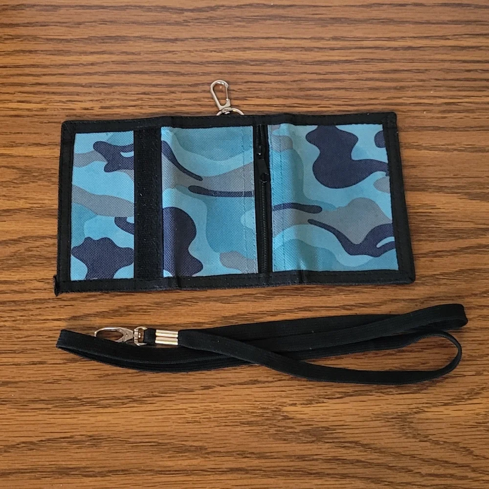 2 pc SET! RFID Blocking Blue Camo Canvas Trifold Wallet & Black Lanyard Strap.