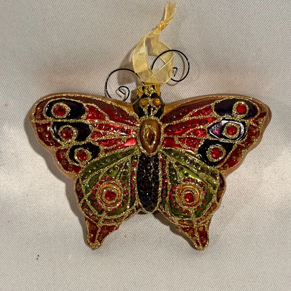 Vintage Blown Glass Butterfly Glitter Coquette Christmas Ornament