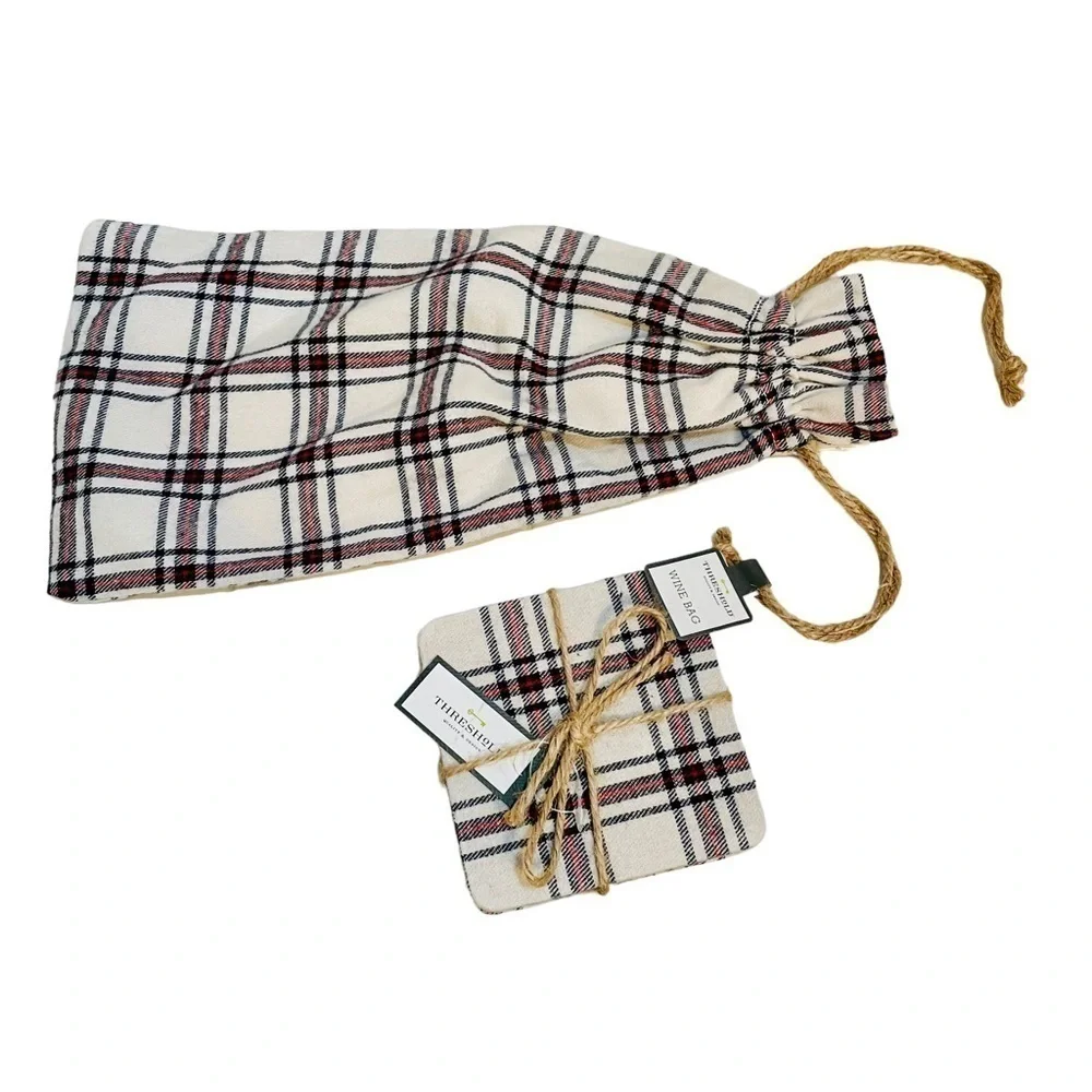 Threshold Plaid Holiday Christmas Fabric Drawstring Wine Bag and four Coasters