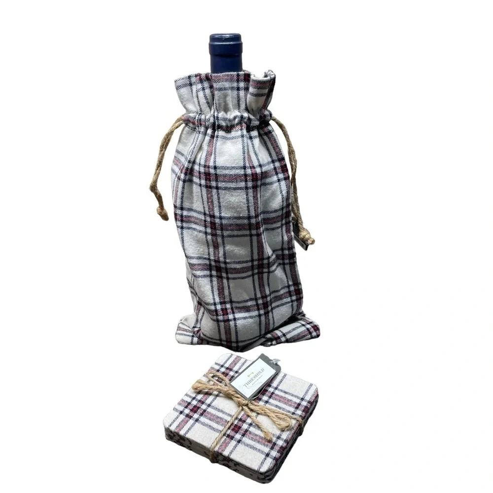 Threshold Plaid Holiday Christmas Fabric Drawstring Wine Bag and four Coasters