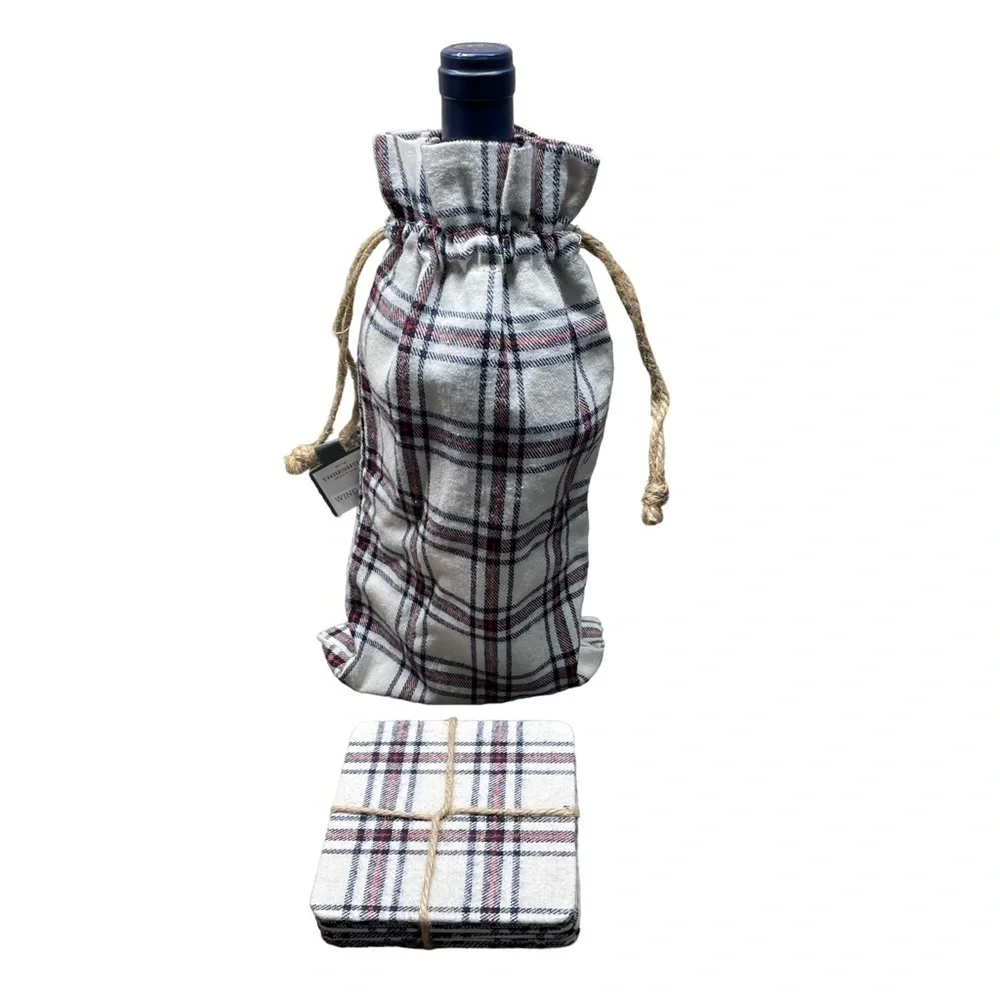 Threshold Plaid Holiday Christmas Fabric Drawstring Wine Bag and four Coasters
