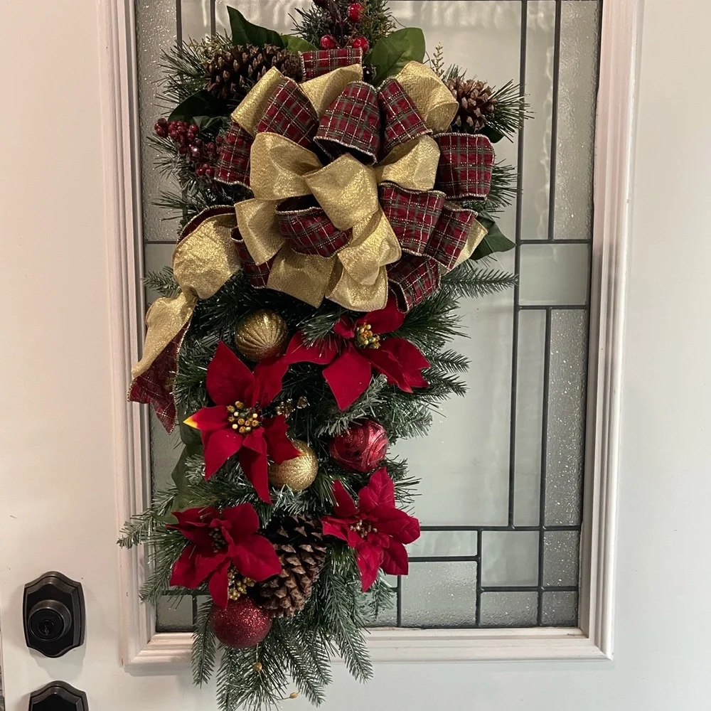 **Burgundy Poinsettia Christmas Teardrop Swag Wreath Front door