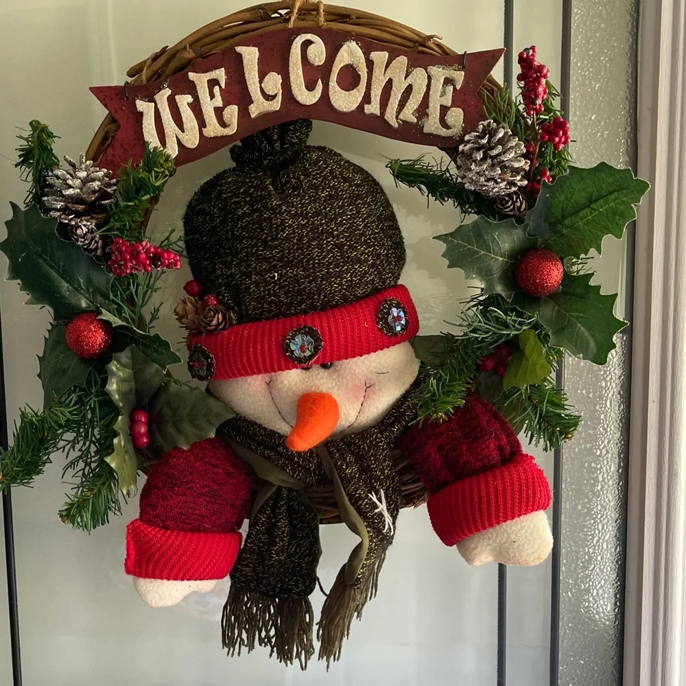 **Holiday Snowman Wreath Welcome Sign For Front Door