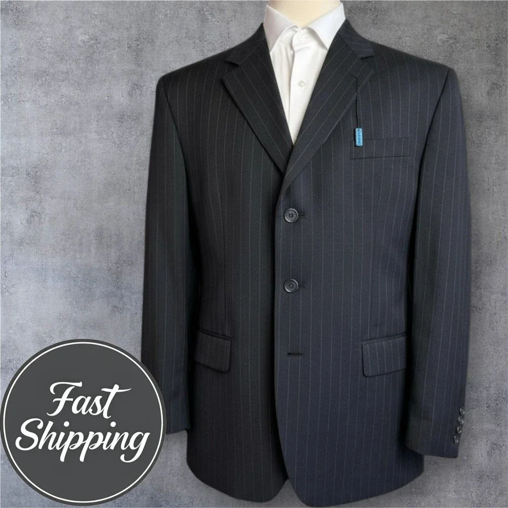 CHAPS Men's 46R Black Wool Striped Blazer Sport Coat Three-Button Jacket Suit