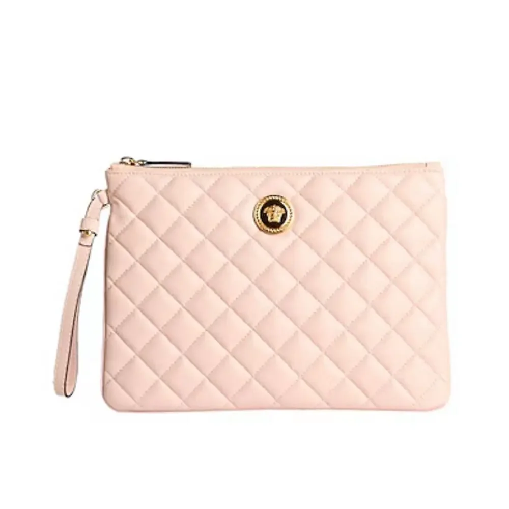 NWT Versace Medusa Clutch Quilted Leather Light Pink Pouch Wristlet 10