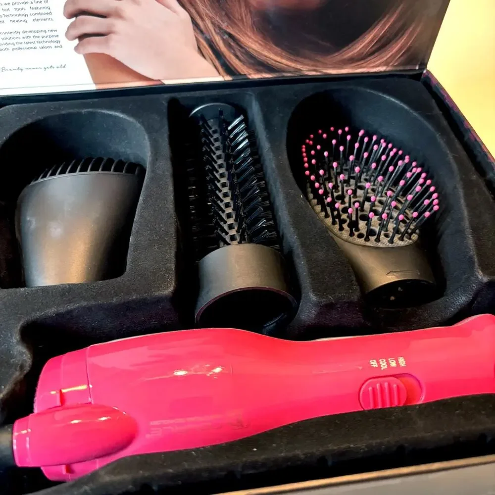 Royale 4-in-1 Hair Dryer Styler Pink Set Volume Flat Round Brush Attachments