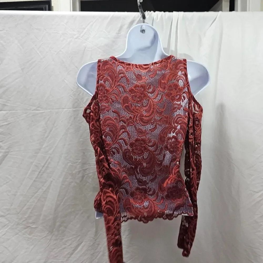 Papaya sienna orange lace cold shoulder top