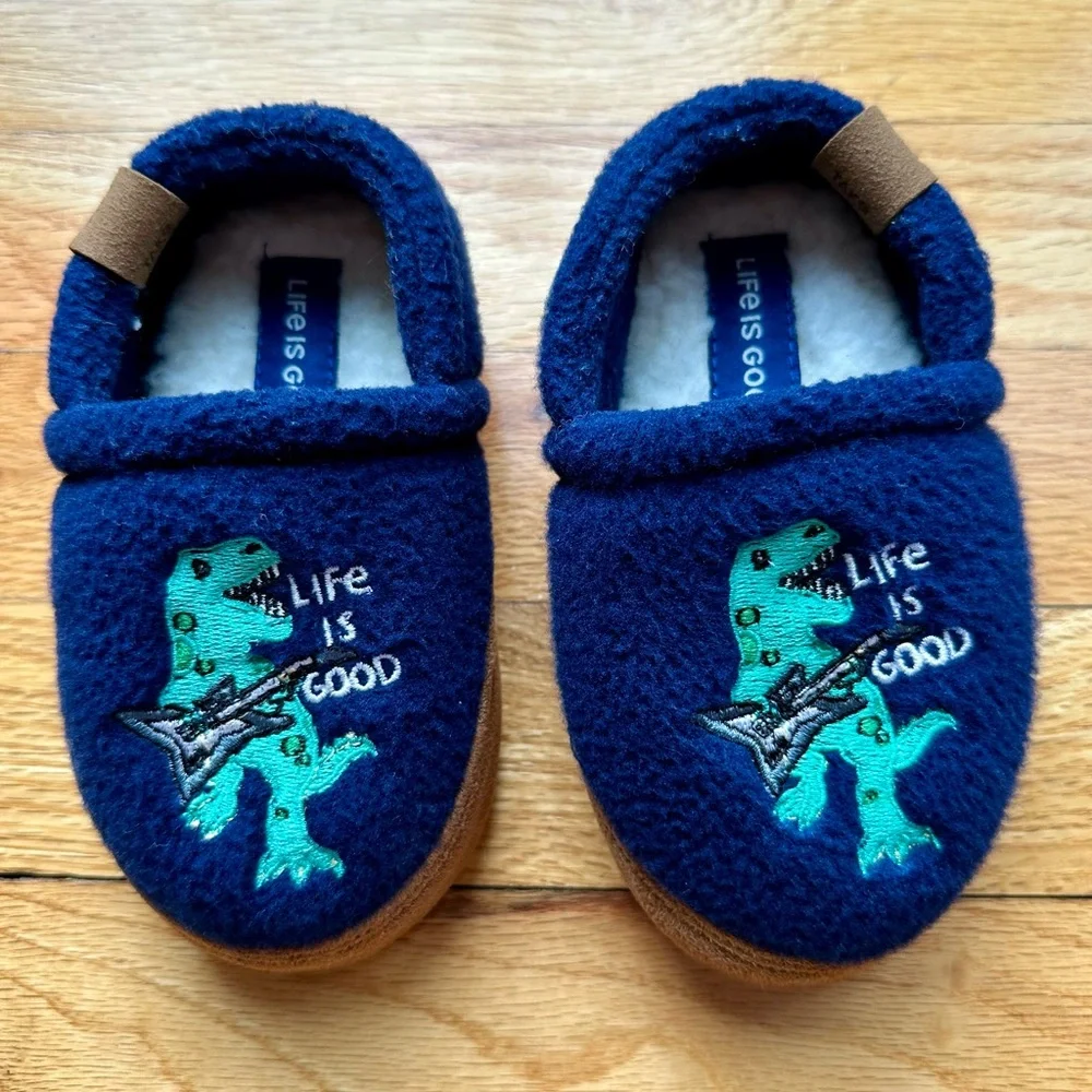 Life Is Good Dinosaur with Guitar Blue Slippers - Kid Size: 7/8 M