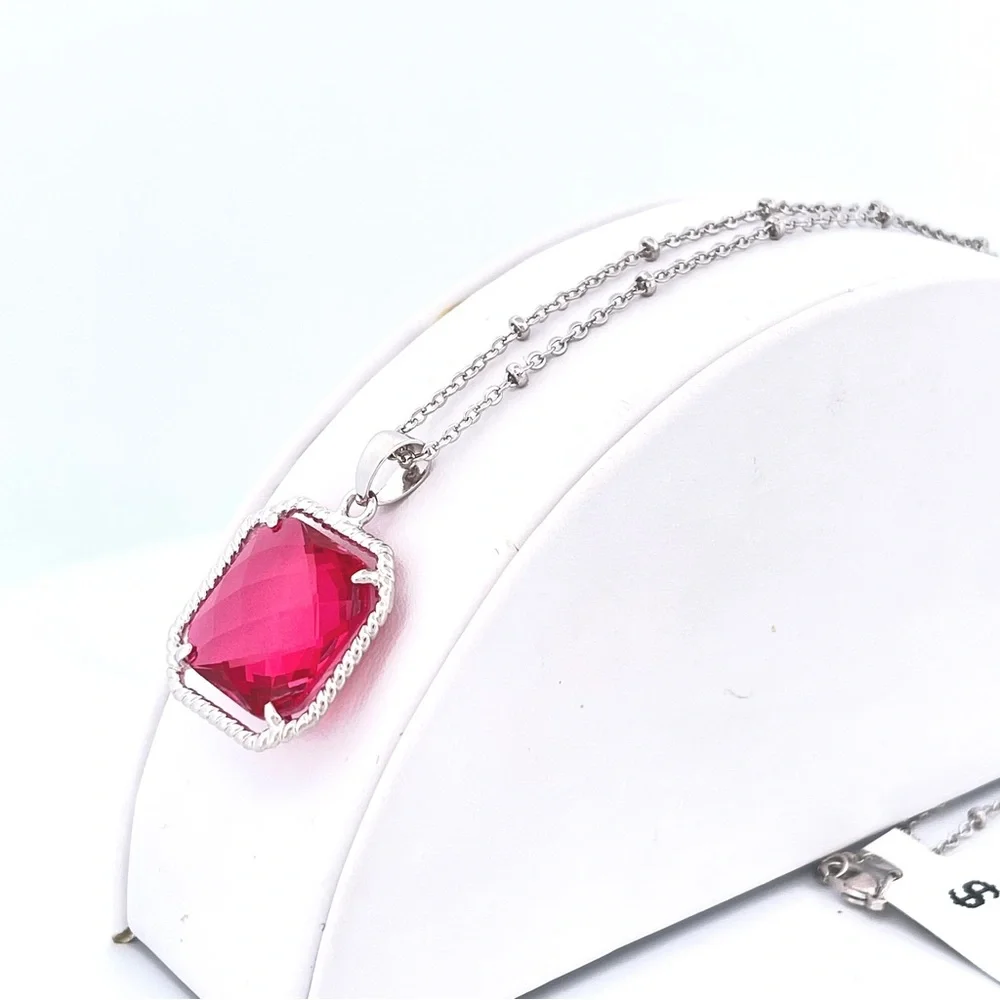 Faceted Pink Simulated Gemstone Necklace - Rhodium Plated Jeweled Pendant - NEW