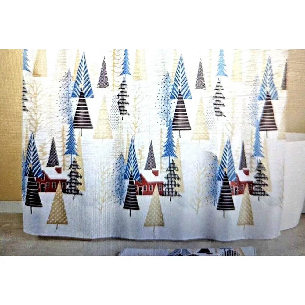 Winter Village Shower Curtain Trees Red Cabins Snow Polyester Bath Decor NEW