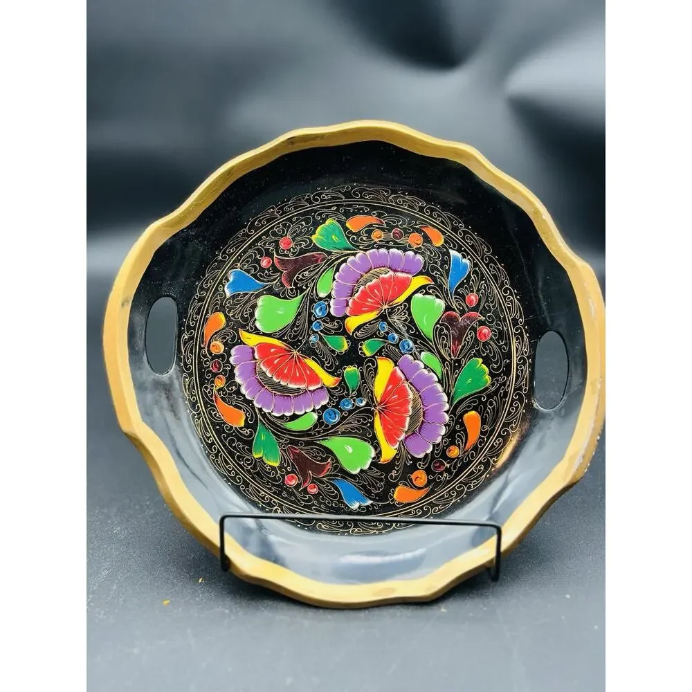 Mexican Batea Wooden Multi-Colored Floral Decorative Tray 11”
