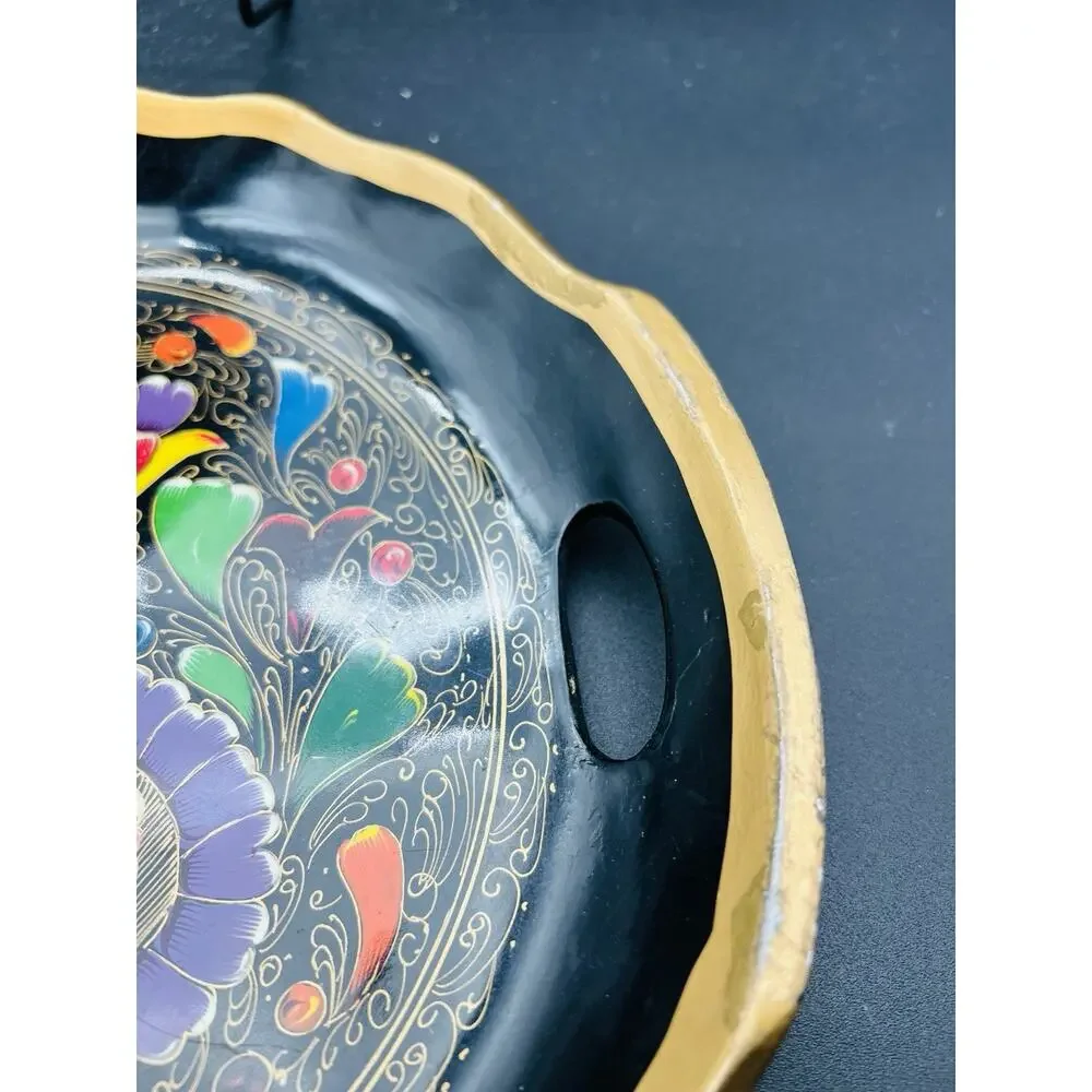 Mexican Batea Wooden Multi-Colored Floral Decorative Tray 11”