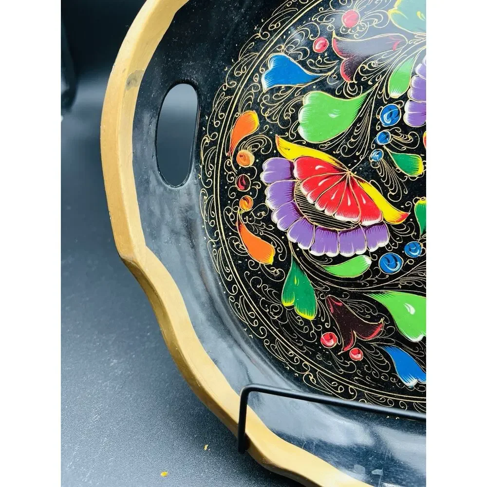 Mexican Batea Wooden Multi-Colored Floral Decorative Tray 11”