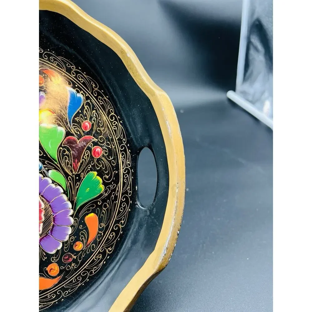 Mexican Batea Wooden Multi-Colored Floral Decorative Tray 11”