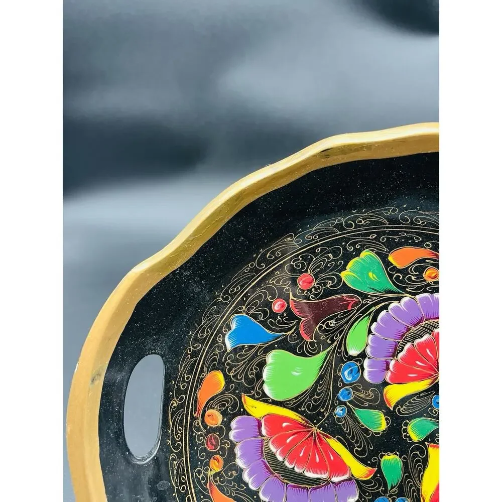 Mexican Batea Wooden Multi-Colored Floral Decorative Tray 11”