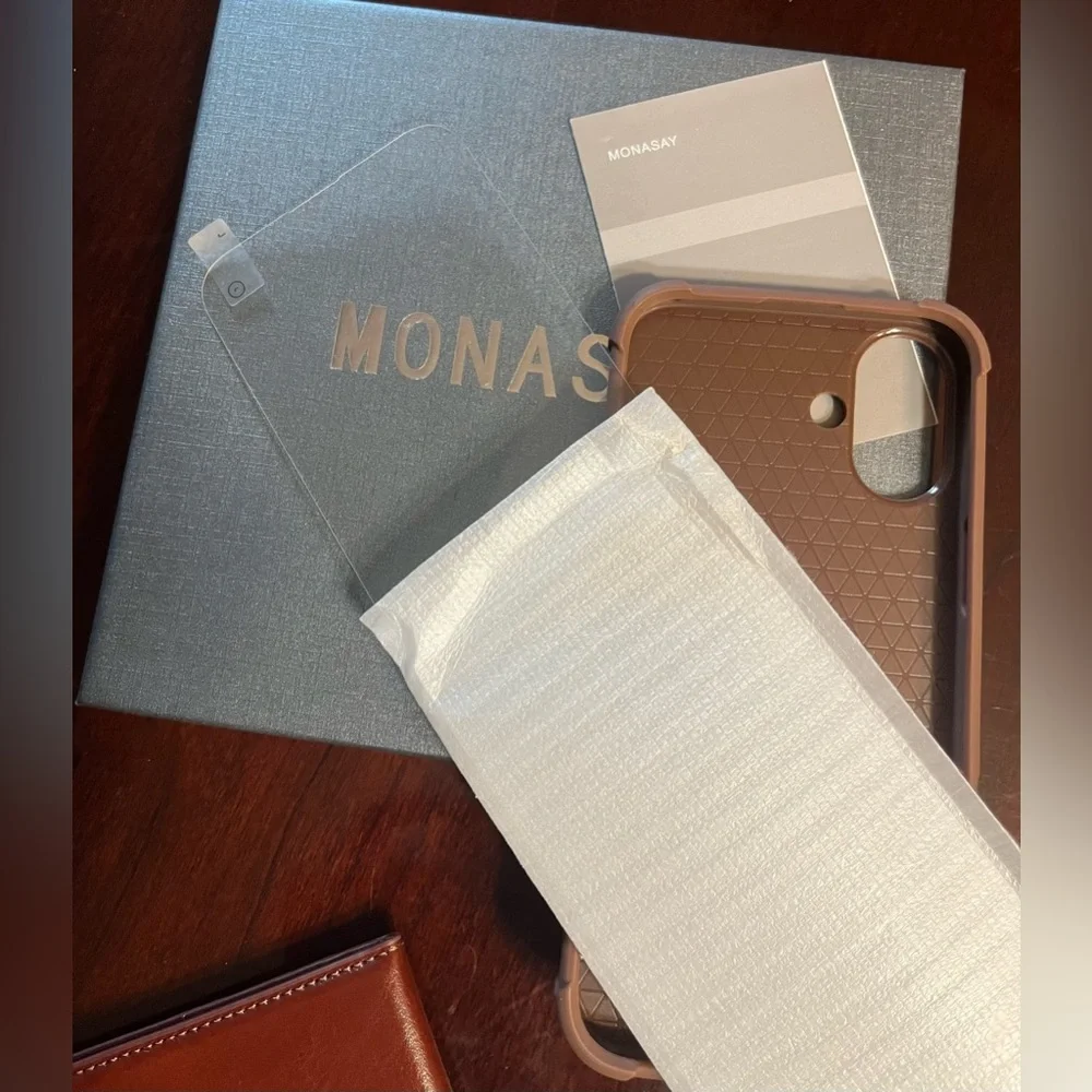 Monasay Brown Leather iPhone 16 case screen protector magnetic wallet
