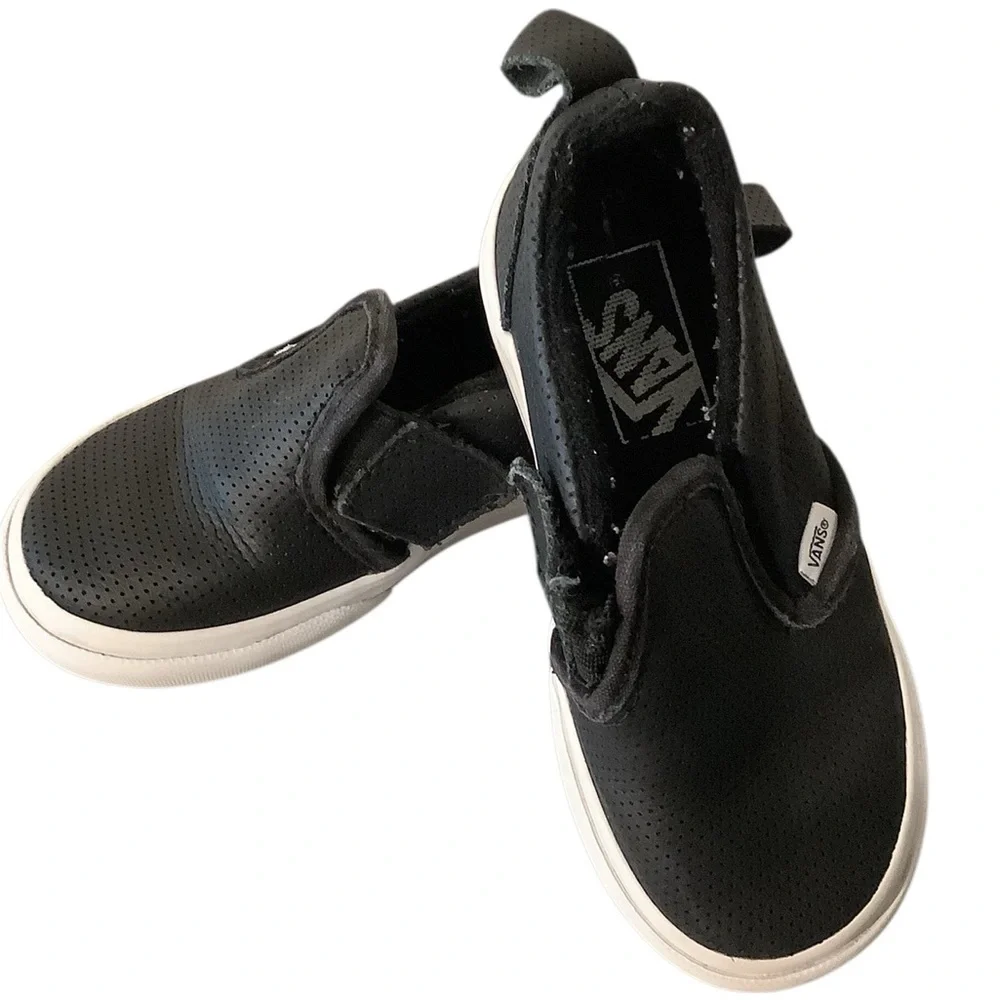 Vans Toddler Size 8.0 Black and White Slip-On Sneakers Great Loved Condition