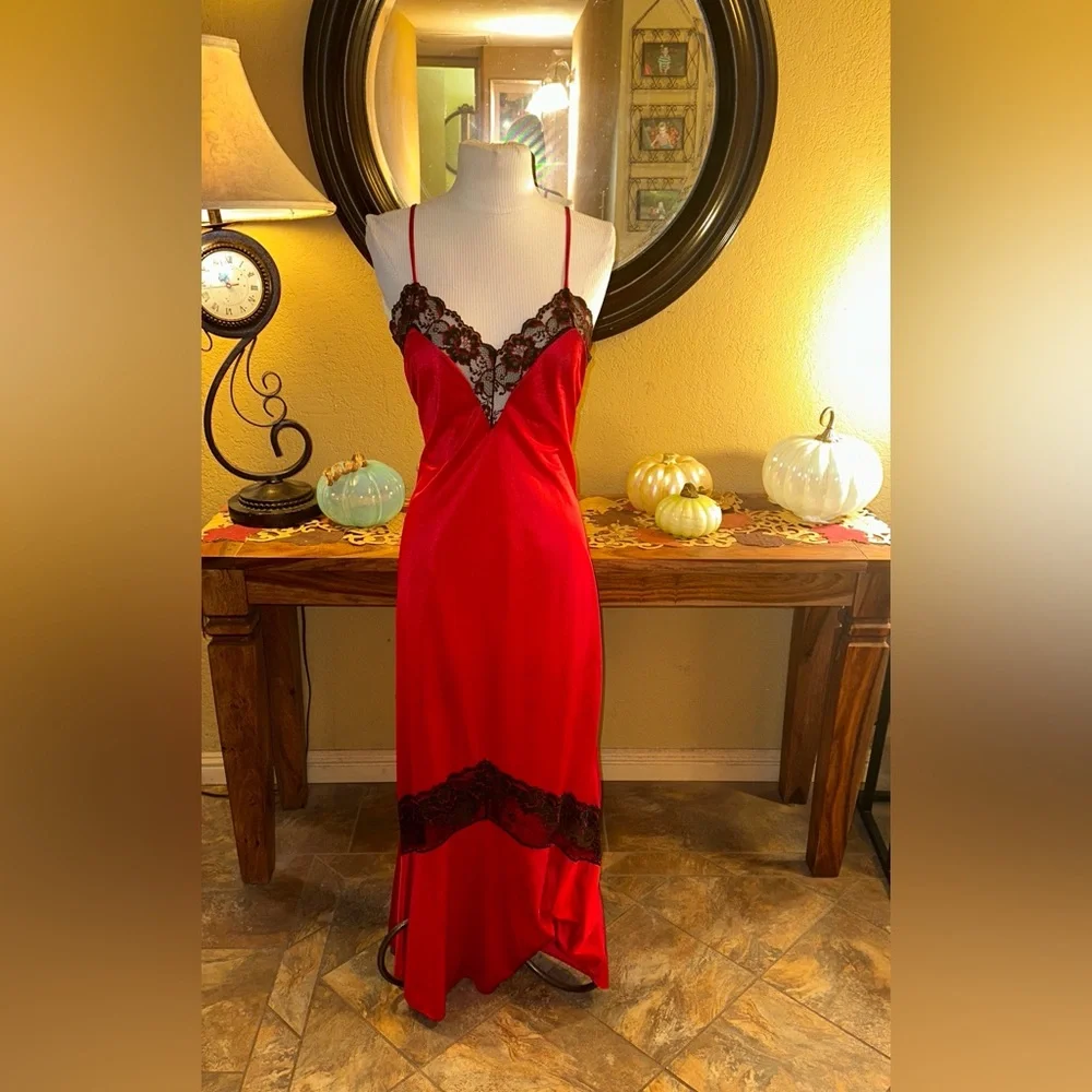 Vintage Red Maxi Slip with Black Lace