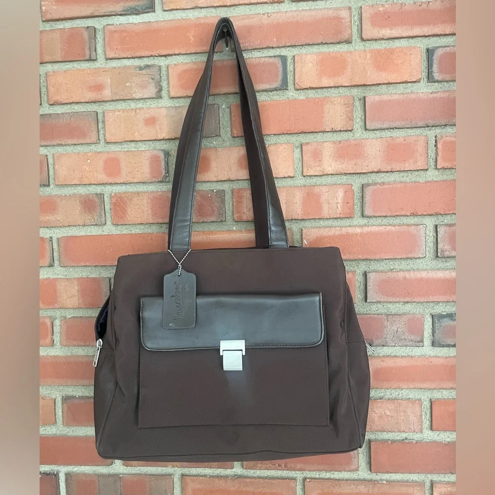 Jourdan vintage pradastyle Brown Leather Tote Bag 15” x12” zip button closure