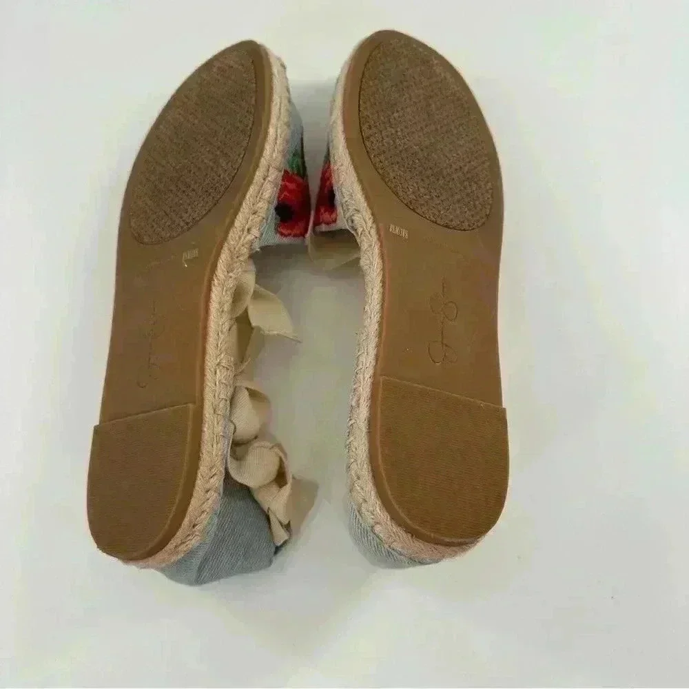 Jessica Simpson Flippo flats size 8.5 38.5 denim floral embroidered espadrilles