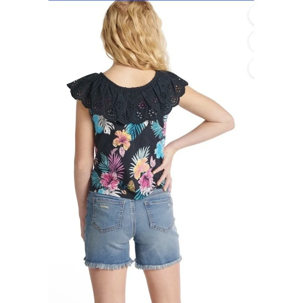 Justice Ruffle Neckline Tank Girls Medium 10 Tropical Black Multicolored Floral