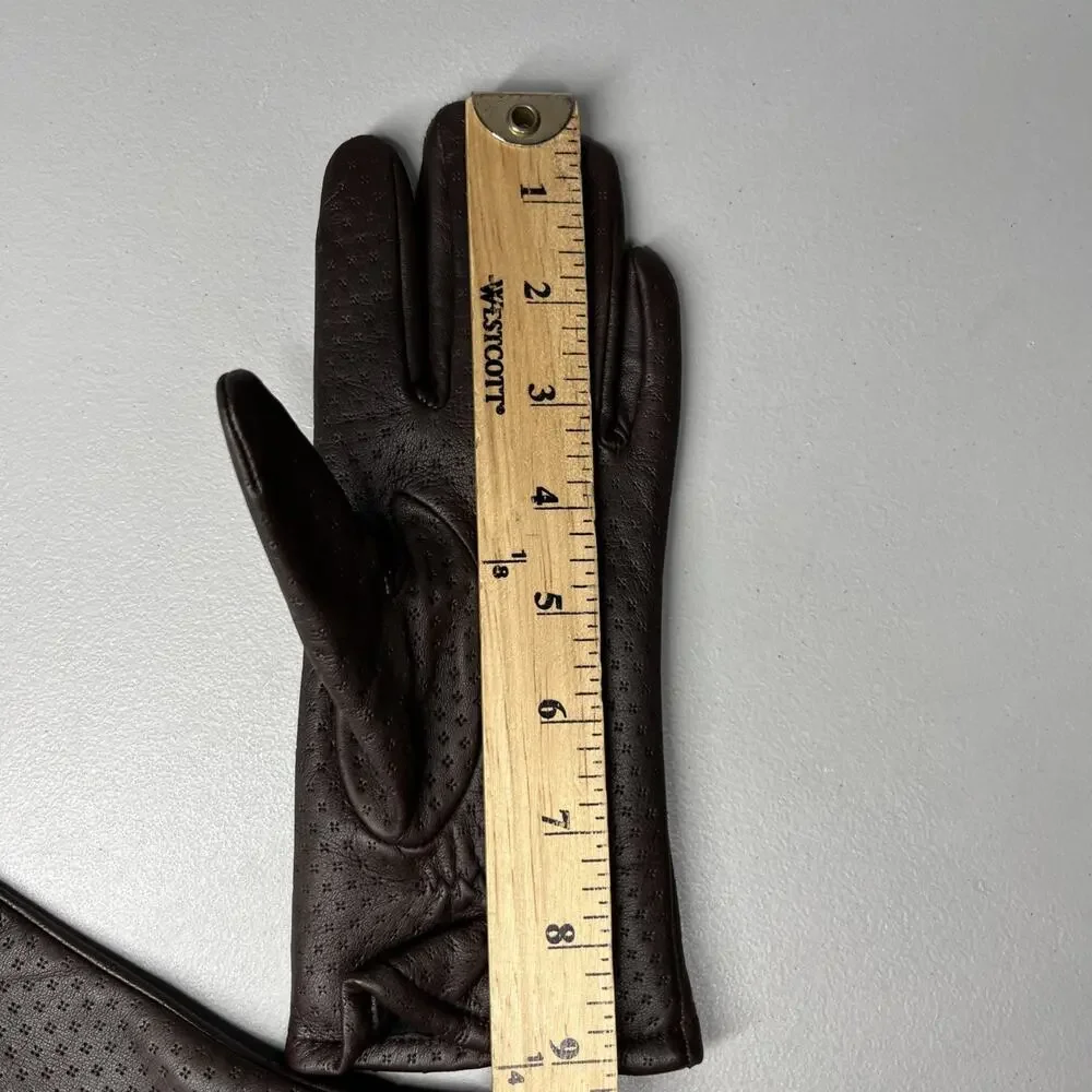 Perforated Leather Fleece Lined Gloves Brown Womens One Size Classic