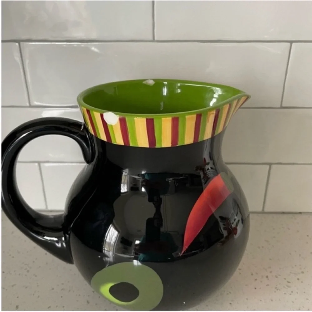 Crate&Barrel Black Red Yellow Ceramic Pitcher With Fruits
