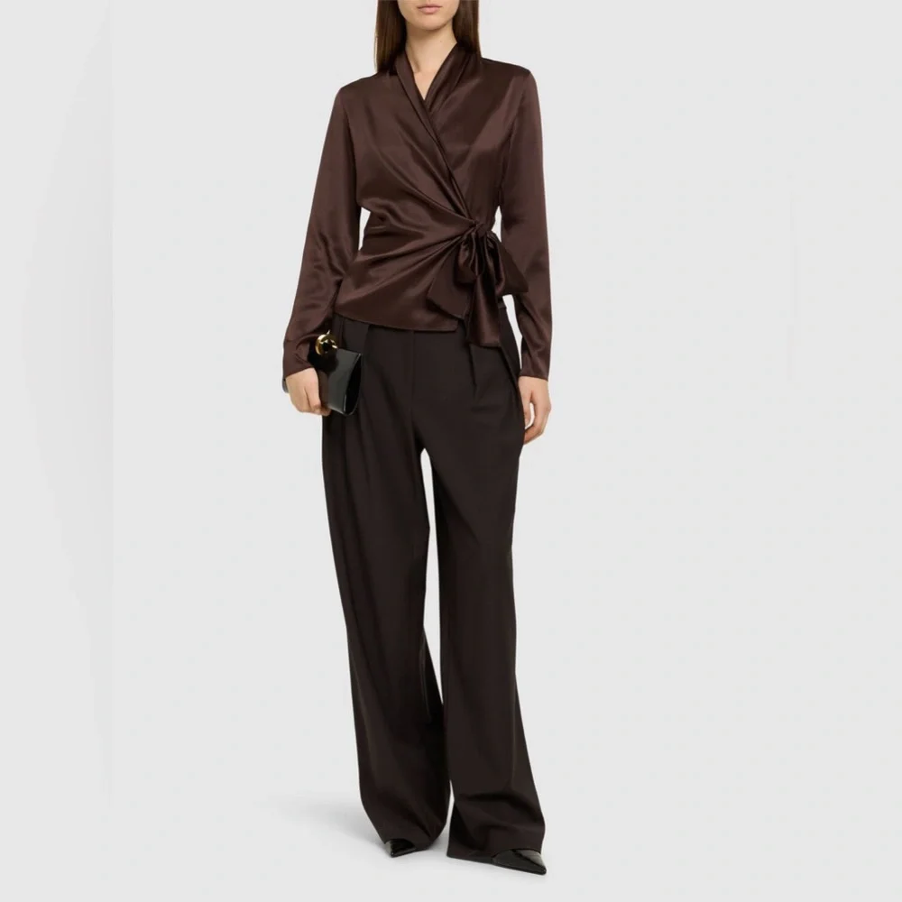 RALPH LAUREN COLLECTION SHEA BROWN SILK WRAP BLOUSE TOP