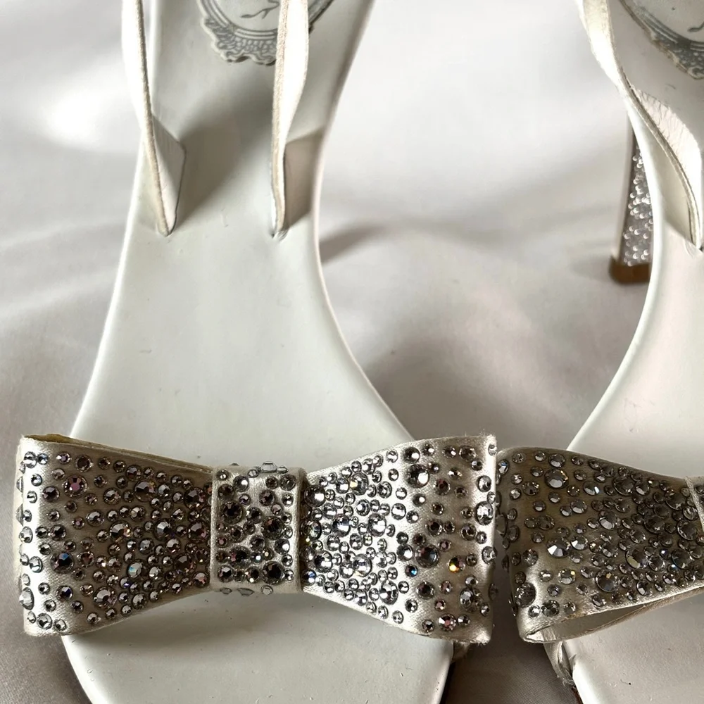 Rene Caovilla Crystal Bow Satin White Heels Bridal Evening Sandals