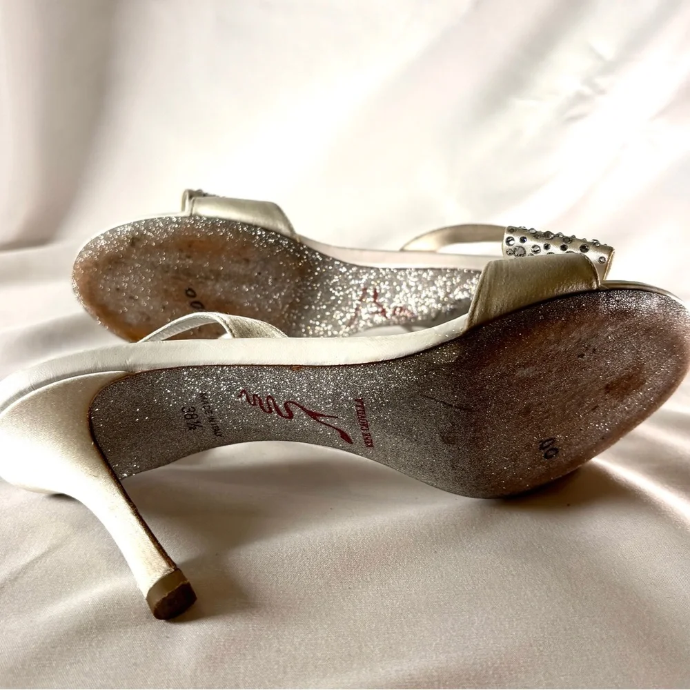 Rene Caovilla Crystal Bow Satin White Heels Bridal Evening Sandals