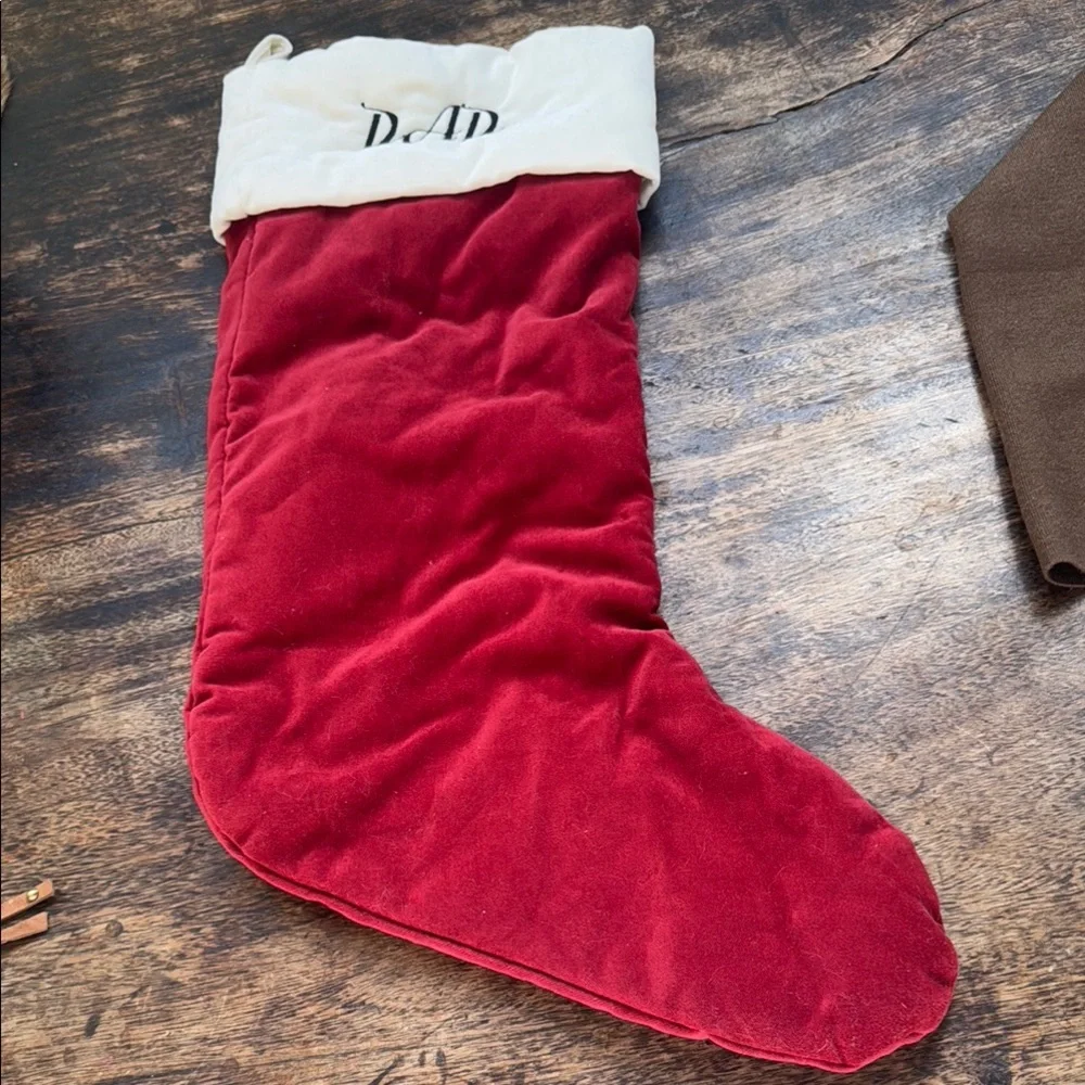 Pottery Barn Red Velvet Christmas Stocking with DAD embroidered on it NWT