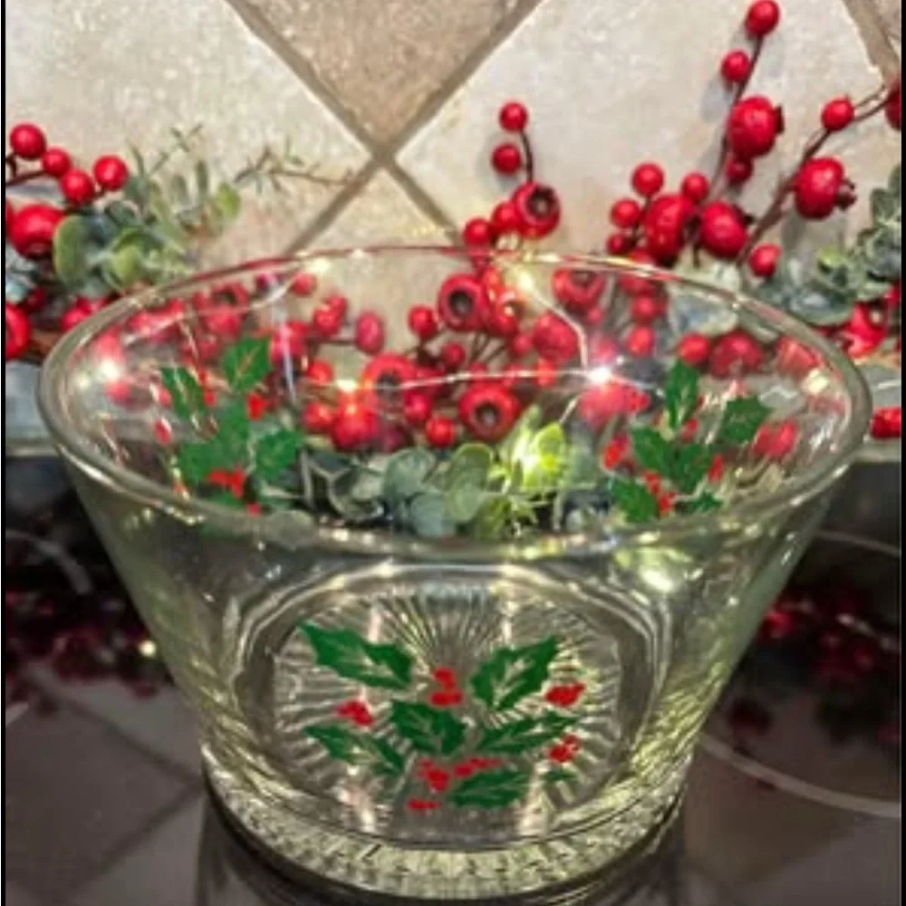 Festive Glass Bowl with Holly Design