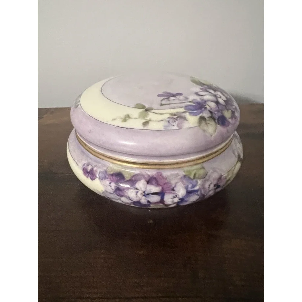 Vintage Hand Painted Porcelain Powder Jar Violet Flowers Gold Trim Vanity Box