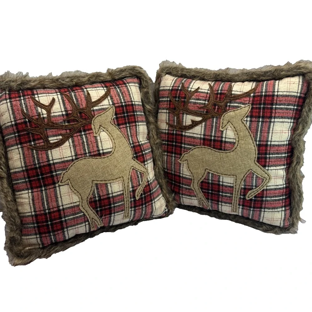 Pair Of Red Plaid Flannel Christmas Accent Pillow Faux Reindeer & Faux Fur 13
