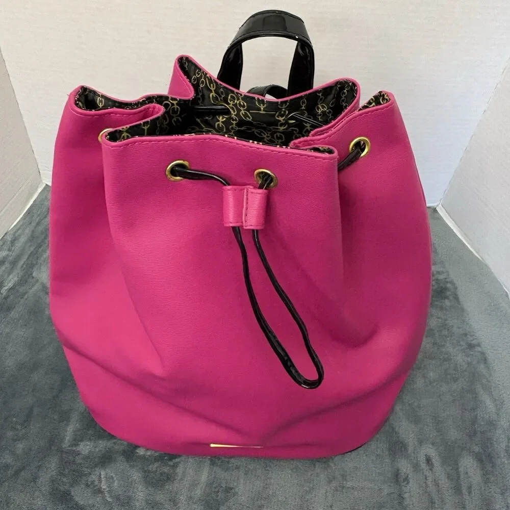 Y2kJuicy Couture Hot Pink Drawstring Bucket Backpack Gold Hardware Black Straps