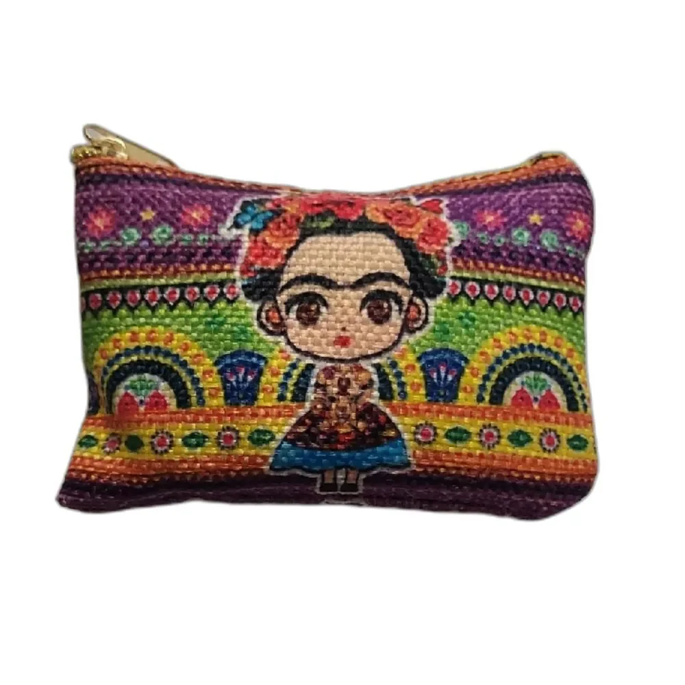 Frida Kahlo Coin Purse Makeup Bag colorful woven pattern zippered pouch