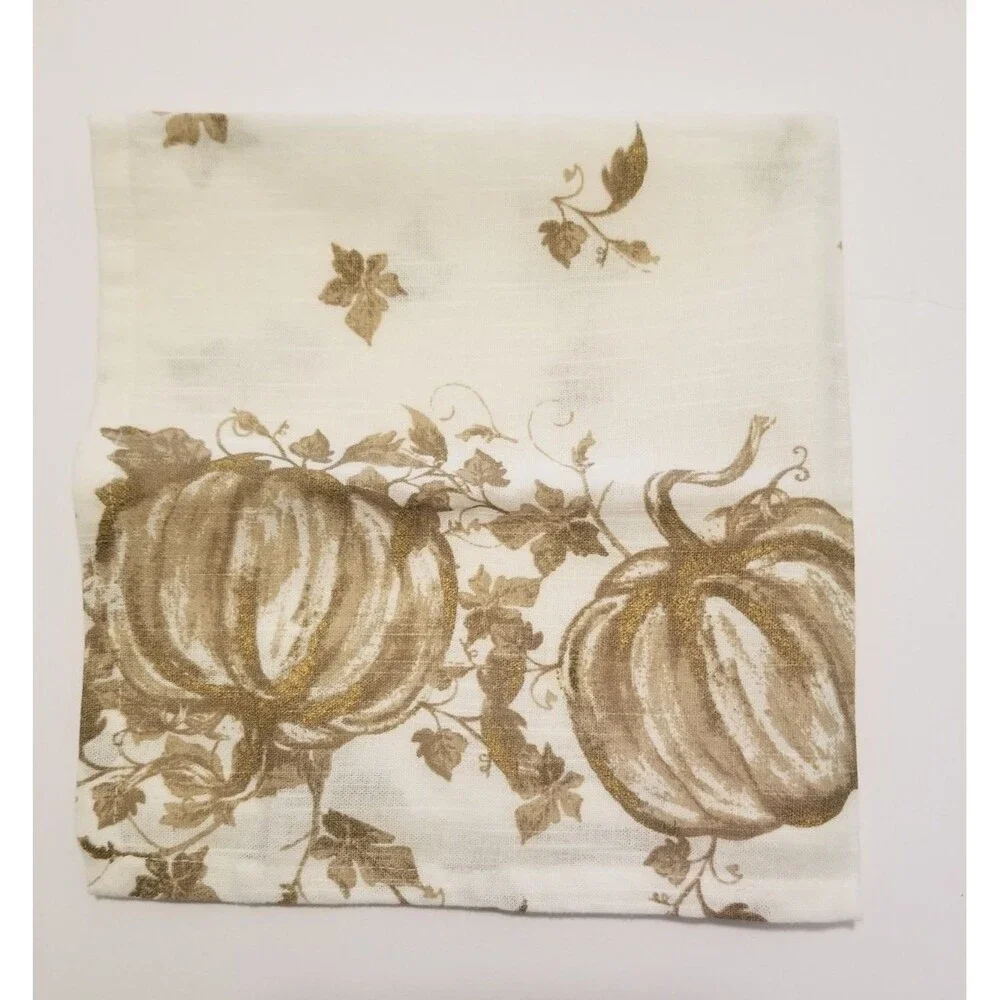 Shabby Chic Fabric Napkins Harvest Pumpkins Leaves Beige Brown Gold Set of 6