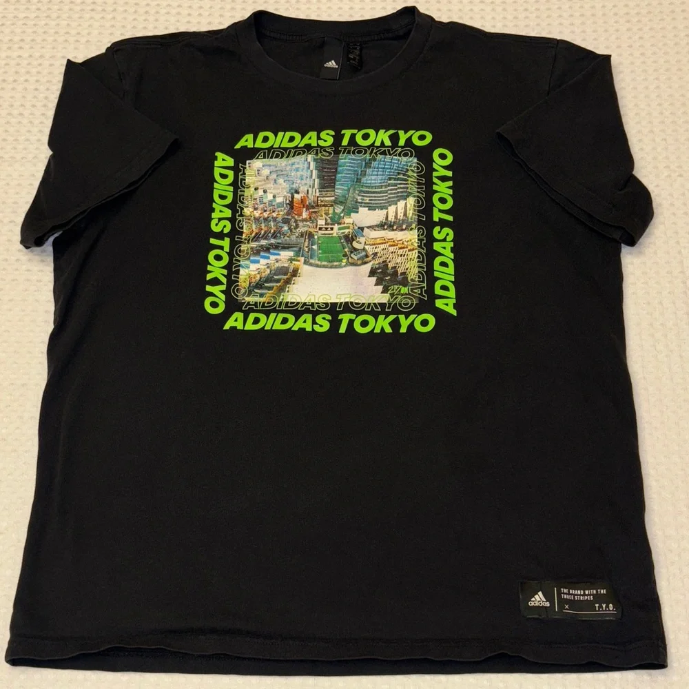 Adidas Tokyo Size MEDIUM LARGE Black Neon Green Graphic Tee Shirt