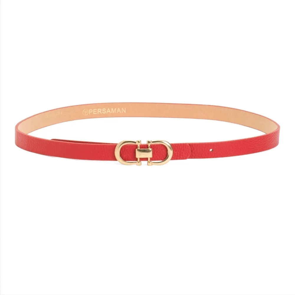 Persaman New York Women's Red Italian Leather Double Buckle Belt