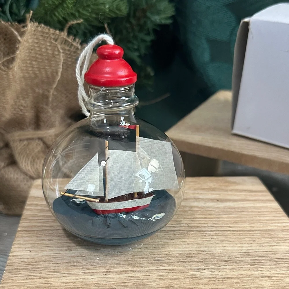Crate & Barrel Ship-In-A-Bottle Glass Christmas Ornament Nautical
