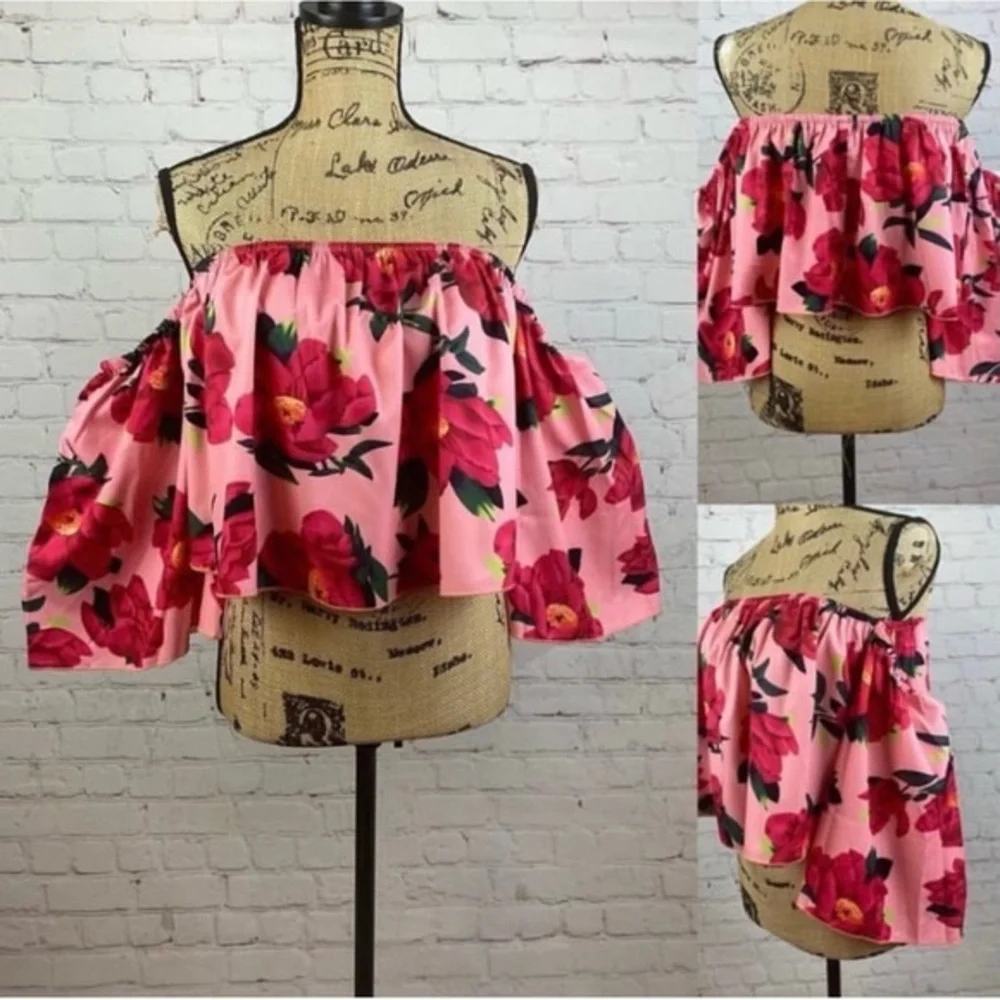 Red Floral Strapless Attached Bell Sleeve Top