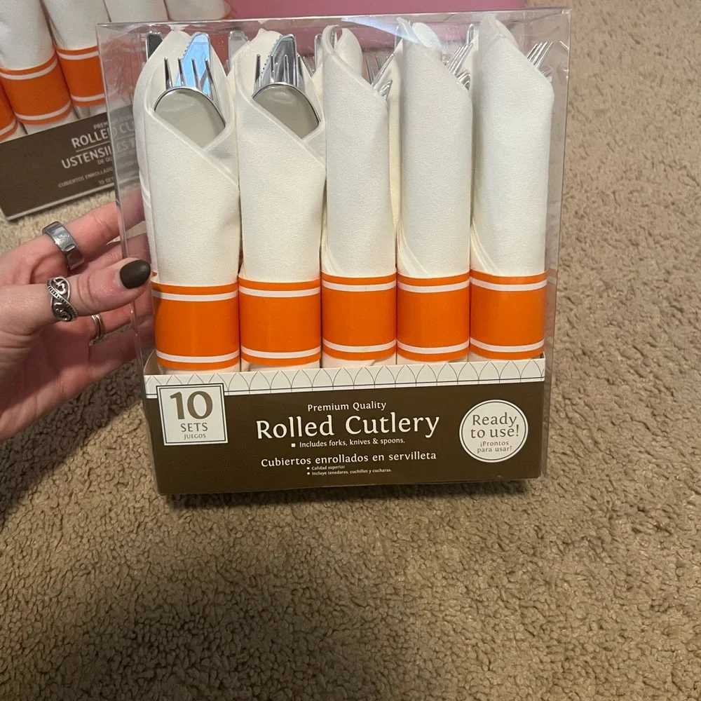 Orange and White Rolled Cutlery Set of 20 (10 per box)