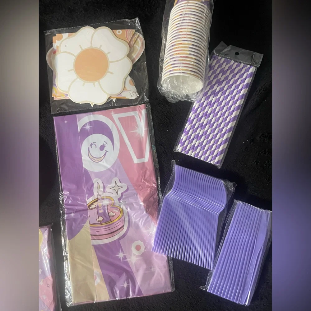 Groovy Purple Birthday Party Supplies Set Plates straw banner cups all in one 25