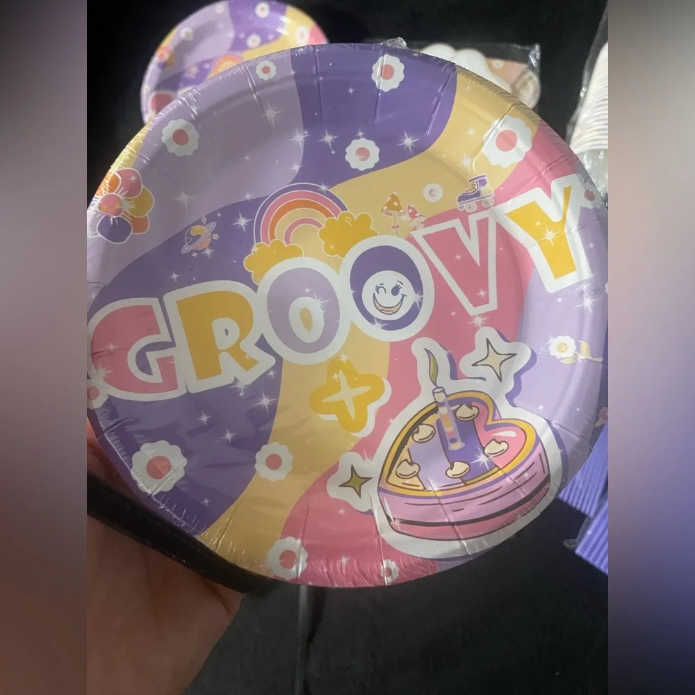 Groovy Purple Birthday Party Supplies Set Plates straw banner cups all in one 25