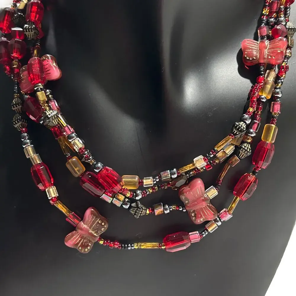 Red and Gold Multi-Strand Glass Bead Layered Necklace