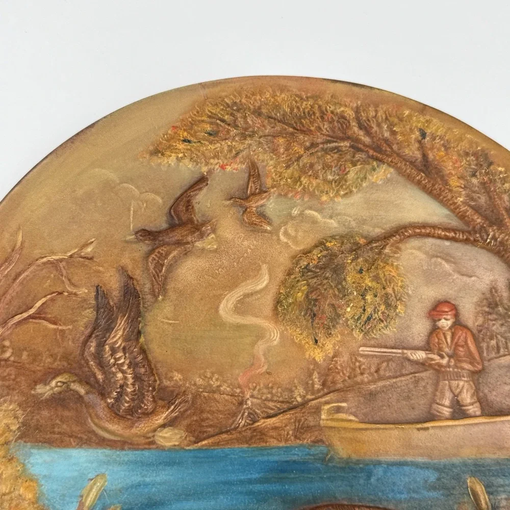 Vintage 1970 Duck Hunter in Boat Painted Plate