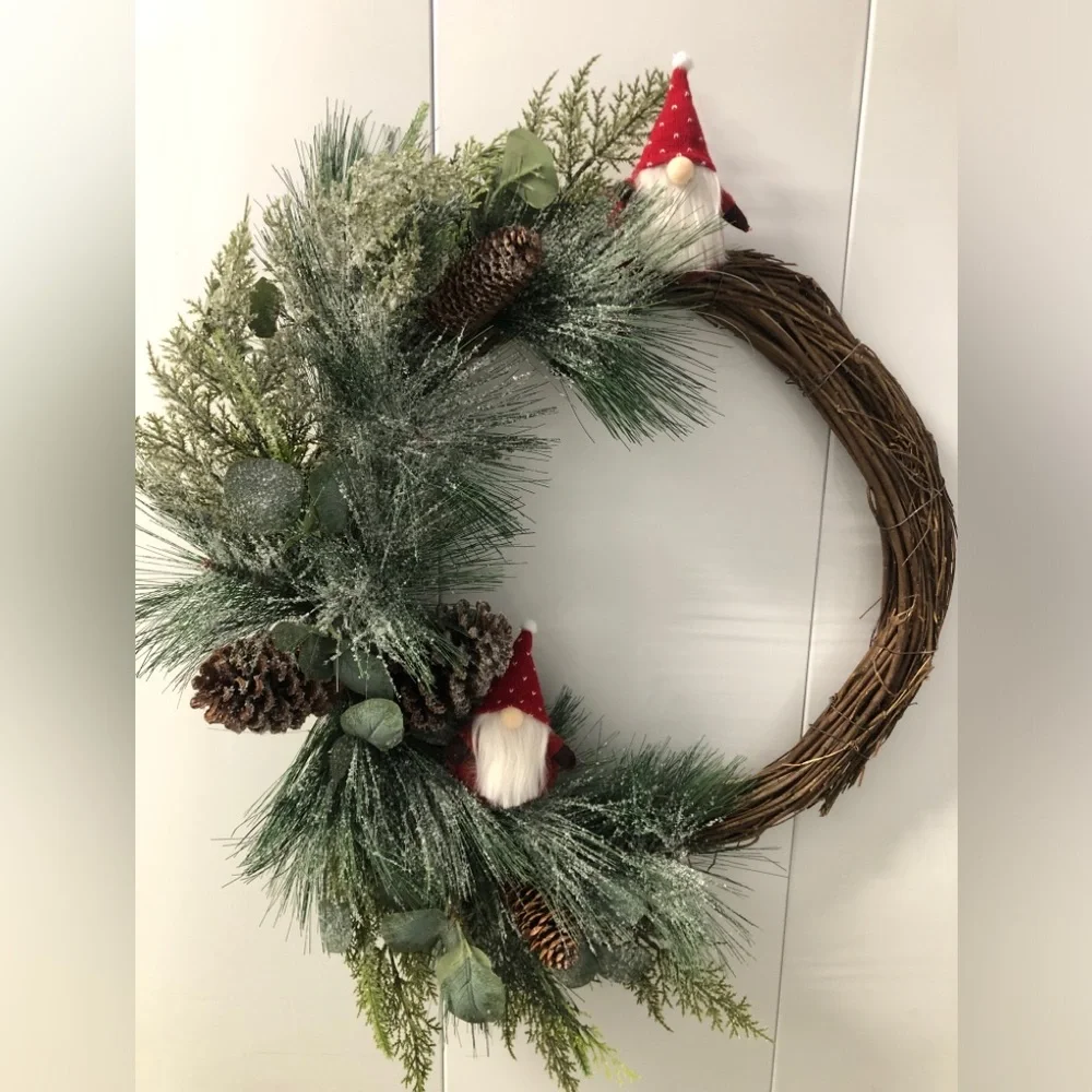 Handmade Grapevine Gnome Wreath Faux Evergreens Pinecone Flocked Snow Christmas