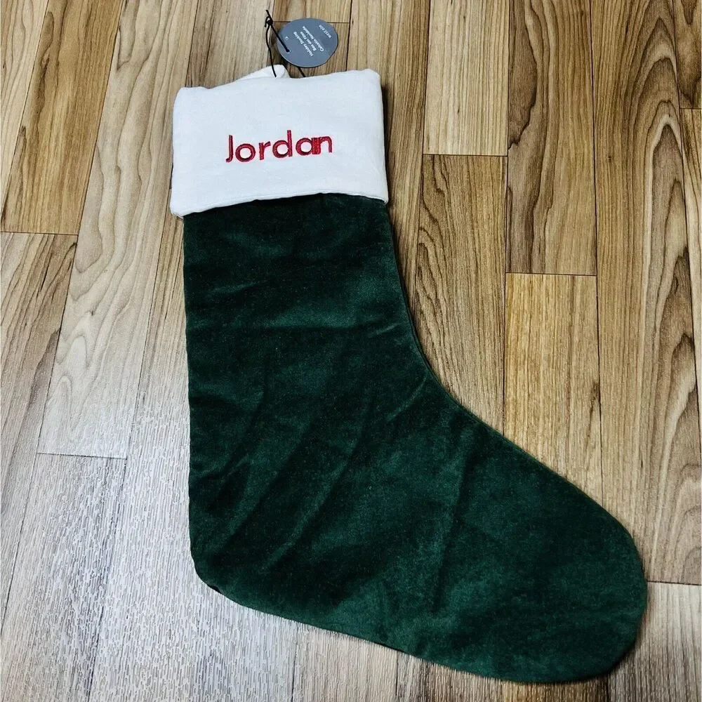 West Elm JORDAN Christmas Stocking Green White Velvet Mono